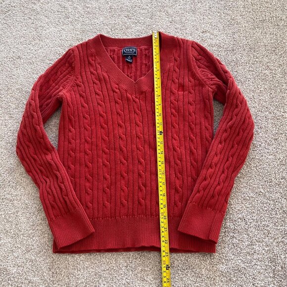 Burnt Orange Chaps Classics Fitted Cable Knit 100% Cotton V-neck Sweater - Picture 3 of 9